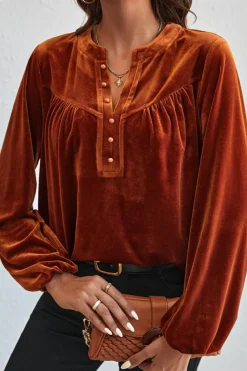 Discount Dear-Lover Lantern Sleeve Beaded Split V Neck Velvet Top Gold Flame
