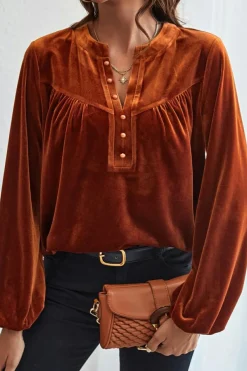 Discount Dear-Lover Lantern Sleeve Beaded Split V Neck Velvet Top Gold Flame