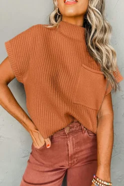 Fashion Dear-Lover Patch Pocket Ribbed Knit Short Sleeve Sweater Gold Flame