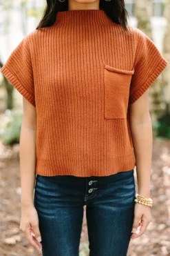 Fashion Dear-Lover Patch Pocket Ribbed Knit Short Sleeve Sweater Gold Flame