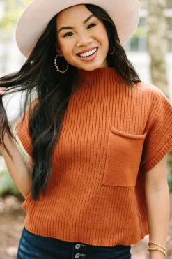 Fashion Dear-Lover Patch Pocket Ribbed Knit Short Sleeve Sweater Gold Flame