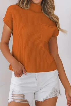 Fashion Dear-Lover Patch Pocket Ribbed Knit Short Sleeve Sweater Gold Flame