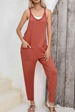 Clearance Dear-Lover Side Pockets Harem Pants Sleeveless V Neck Jumpsuit Gold Flame
