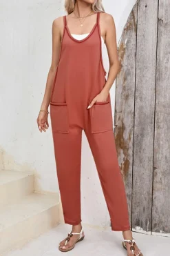 Clearance Dear-Lover Side Pockets Harem Pants Sleeveless V Neck Jumpsuit Gold Flame