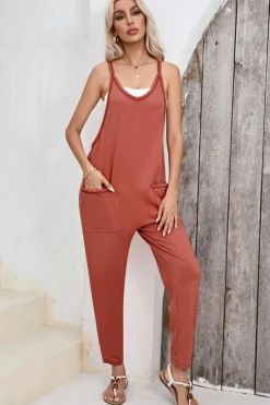 Clearance Dear-Lover Side Pockets Harem Pants Sleeveless V Neck Jumpsuit Gold Flame