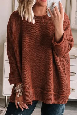 Discount Dear-Lover Solid Color Textured Crew Neck Loose Sweater Gold Flame