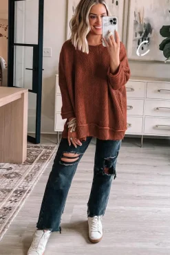 Discount Dear-Lover Solid Color Textured Crew Neck Loose Sweater Gold Flame