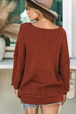 Discount Dear-Lover Solid Color Textured Crew Neck Loose Sweater Gold Flame
