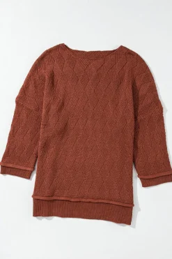 Discount Dear-Lover Solid Color Textured Crew Neck Loose Sweater Gold Flame