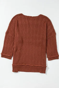 Discount Dear-Lover Solid Color Textured Crew Neck Loose Sweater Gold Flame