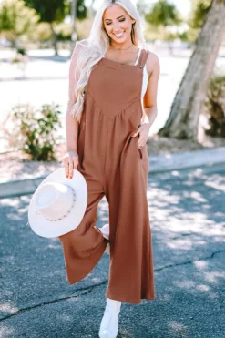 Best Dear-Lover Textured Buttoned Straps Ruched Wide Leg Jumpsuit Gold Flame