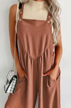 Best Dear-Lover Textured Buttoned Straps Ruched Wide Leg Jumpsuit Gold Flame