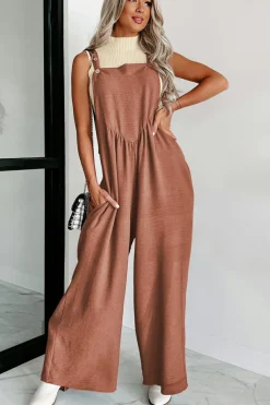 Best Dear-Lover Textured Buttoned Straps Ruched Wide Leg Jumpsuit Gold Flame
