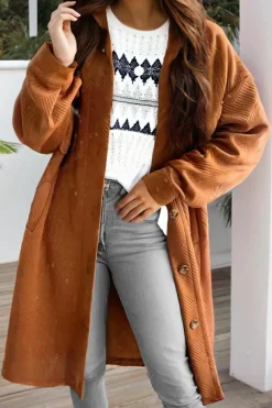 Online Dear-Lover Textured Collared Drop Shoulder Buttoned Front Duster Coat Gold Flame
