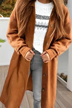 Online Dear-Lover Textured Collared Drop Shoulder Buttoned Front Duster Coat Gold Flame