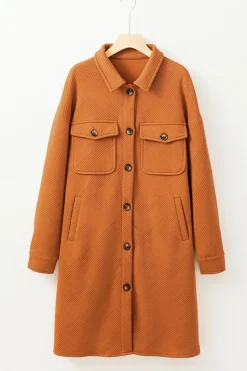 Online Dear-Lover Textured Collared Drop Shoulder Buttoned Front Duster Coat Gold Flame