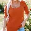 New Dear-Lover Textured Knit Bubble Sleeve Square Neck Top Gold Flame