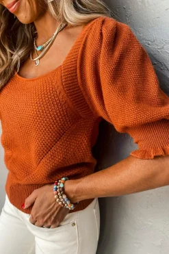 New Dear-Lover Textured Knit Bubble Sleeve Square Neck Top Gold Flame