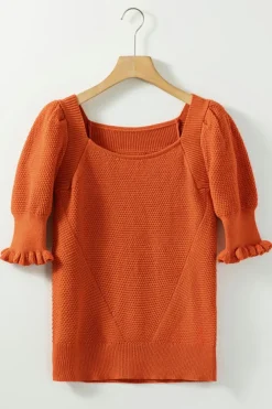 New Dear-Lover Textured Knit Bubble Sleeve Square Neck Top Gold Flame