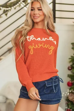 Clearance Dear-Lover Thanks Giving Letter Graphic Crew Neck Sweater Gold Flame