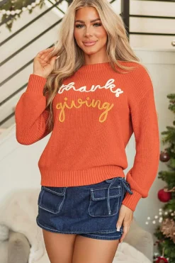 Clearance Dear-Lover Thanks Giving Letter Graphic Crew Neck Sweater Gold Flame