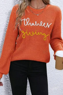 Clearance Dear-Lover Thanks Giving Letter Graphic Crew Neck Sweater Gold Flame