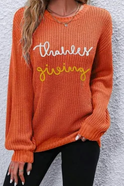 Clearance Dear-Lover Thanks Giving Letter Graphic Crew Neck Sweater Gold Flame