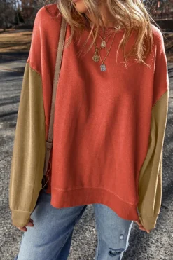New Dear-Lover Two Tone Patchwork Drop Shoulder Pullover Sweatshirt Gold Flame