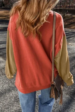 New Dear-Lover Two Tone Patchwork Drop Shoulder Pullover Sweatshirt Gold Flame