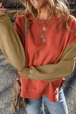 New Dear-Lover Two Tone Patchwork Drop Shoulder Pullover Sweatshirt Gold Flame