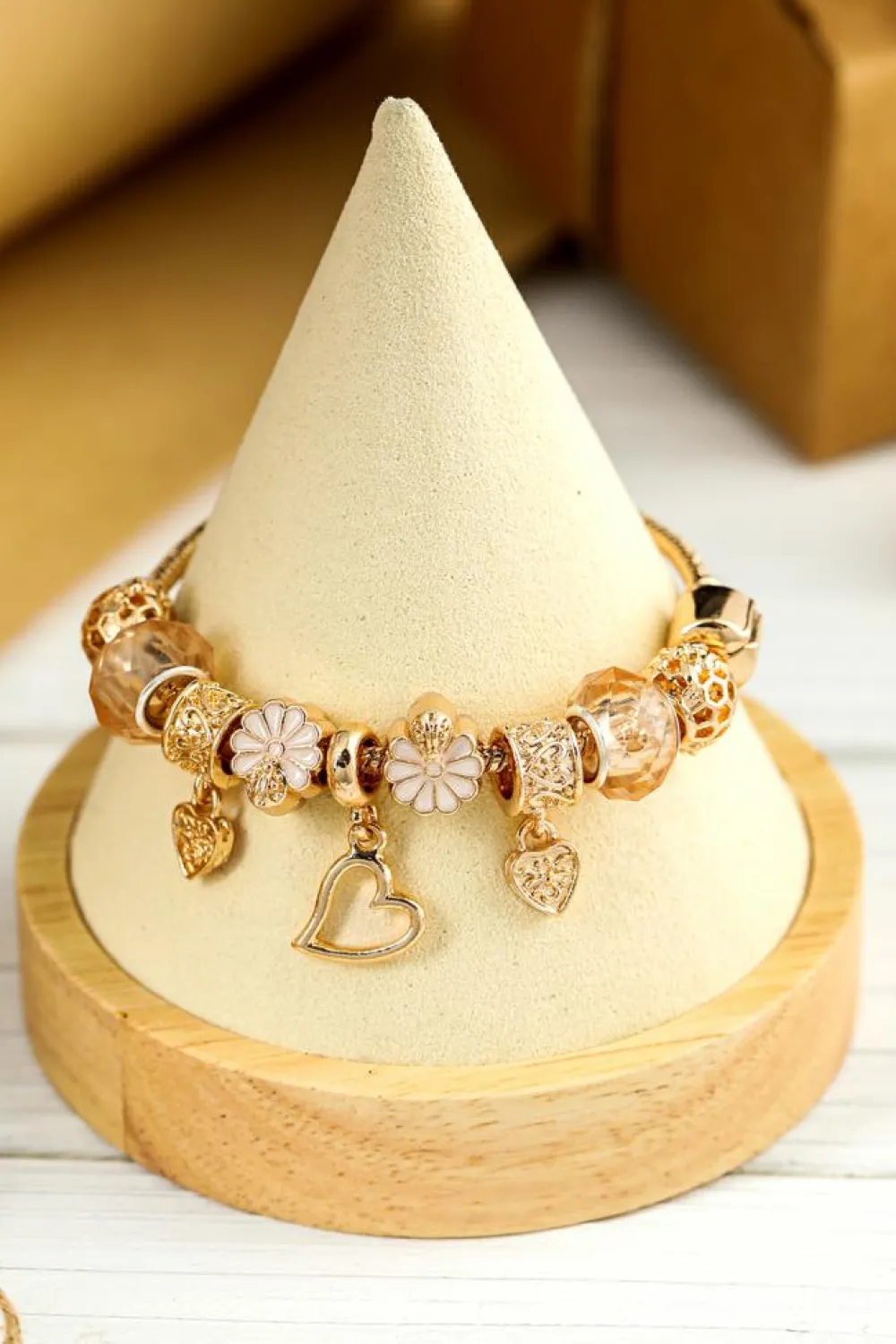 Fashion Dear-Lover Flower Heart Charm Plated Alloy Bracelet Gold