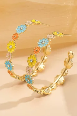 Sale Dear-Lover Flower Rhinestone Decor Plated Alloy Hook Earrings Gold