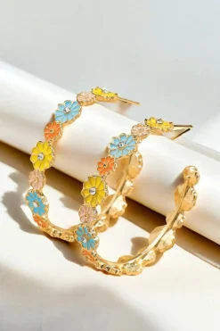 Sale Dear-Lover Flower Rhinestone Decor Plated Alloy Hook Earrings Gold