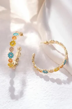 Sale Dear-Lover Flower Rhinestone Decor Plated Alloy Hook Earrings Gold