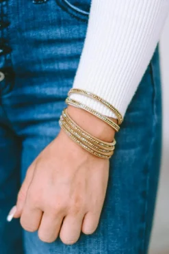 Discount Dear-Lover Full Diamond Leather Wide Plated Magnetic Buckle Bracelet Gold