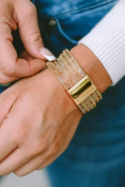 Discount Dear-Lover Full Diamond Leather Wide Plated Magnetic Buckle Bracelet Gold
