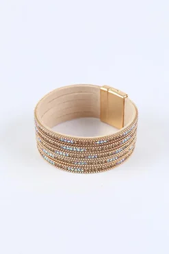 Discount Dear-Lover Full Diamond Leather Wide Plated Magnetic Buckle Bracelet Gold