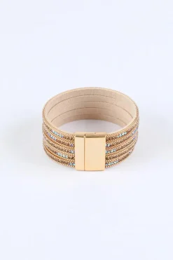 Discount Dear-Lover Full Diamond Leather Wide Plated Magnetic Buckle Bracelet Gold