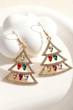 Fashion Dear-Lover Gem Decor Rhinestone Christmas Tree Holiday Hook Earrings Gold