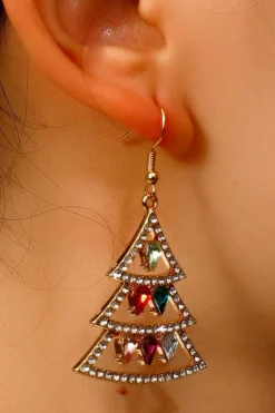 Fashion Dear-Lover Gem Decor Rhinestone Christmas Tree Holiday Hook Earrings Gold