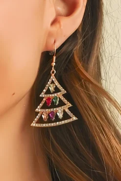Fashion Dear-Lover Gem Decor Rhinestone Christmas Tree Holiday Hook Earrings Gold