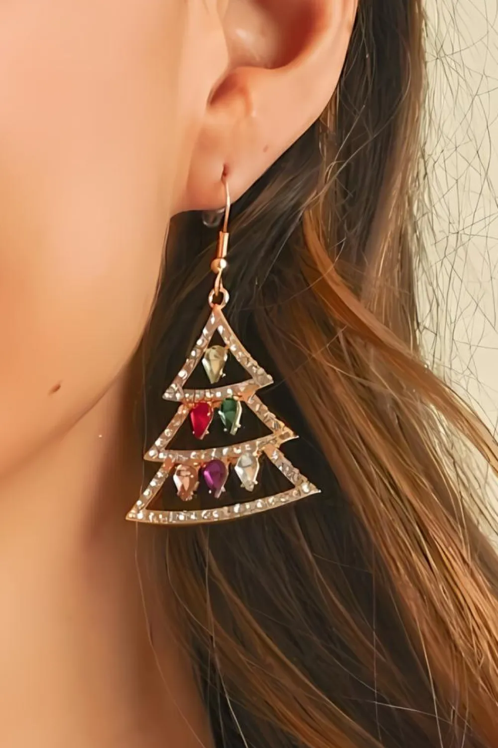 Fashion Dear-Lover Gem Decor Rhinestone Christmas Tree Holiday Hook Earrings Gold