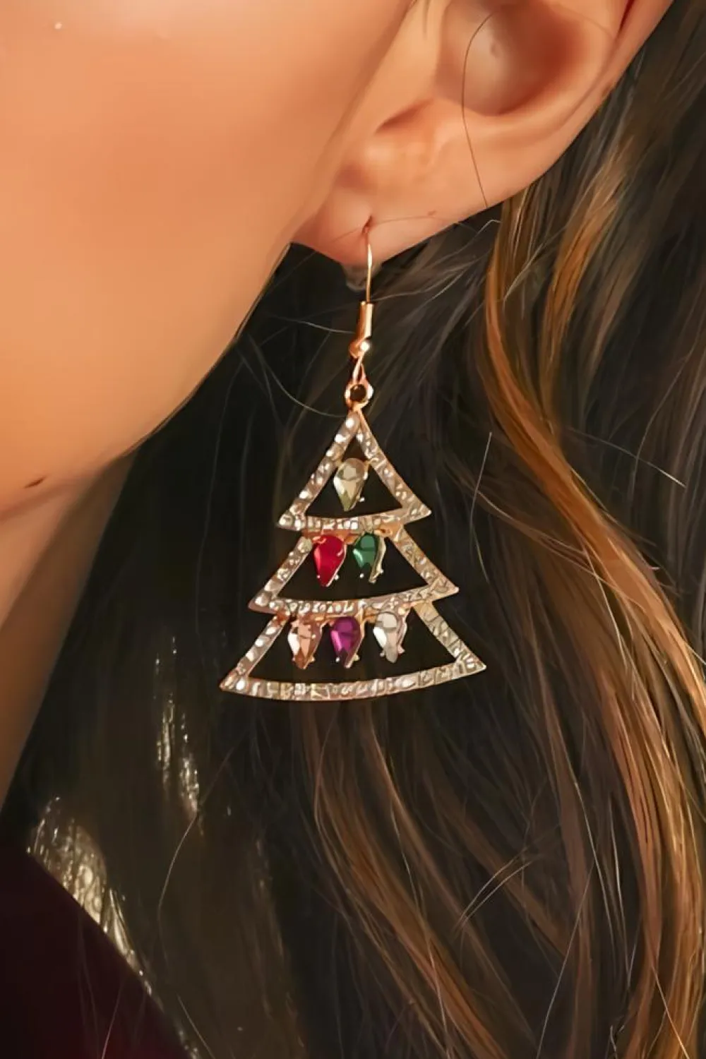 Fashion Dear-Lover Gem Decor Rhinestone Christmas Tree Holiday Hook Earrings Gold