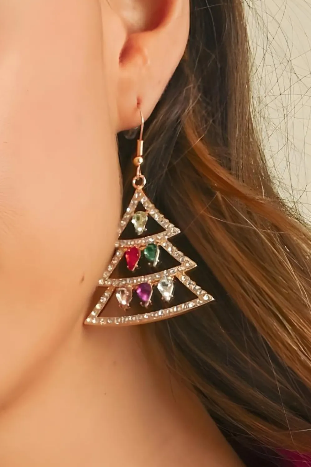 Fashion Dear-Lover Gem Decor Rhinestone Christmas Tree Holiday Hook Earrings Gold