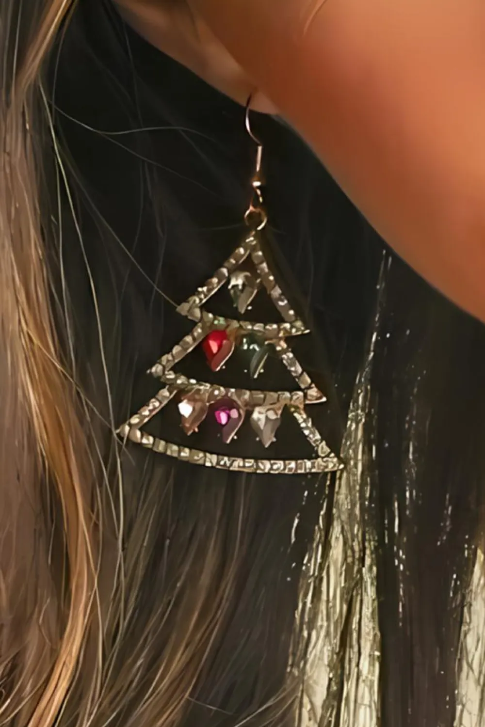 Fashion Dear-Lover Gem Decor Rhinestone Christmas Tree Holiday Hook Earrings Gold