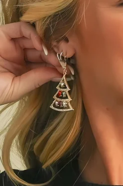 Fashion Dear-Lover Gem Decor Rhinestone Christmas Tree Holiday Hook Earrings Gold