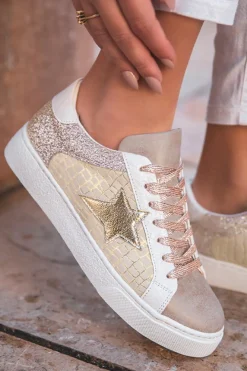 New Dear-Lover Glitter Star Patchwork PU Leather Lace-up Sneakers Gold