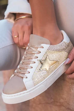 New Dear-Lover Glitter Star Patchwork PU Leather Lace-up Sneakers Gold