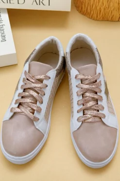 New Dear-Lover Glitter Star Patchwork PU Leather Lace-up Sneakers Gold