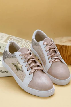 New Dear-Lover Glitter Star Patchwork PU Leather Lace-up Sneakers Gold